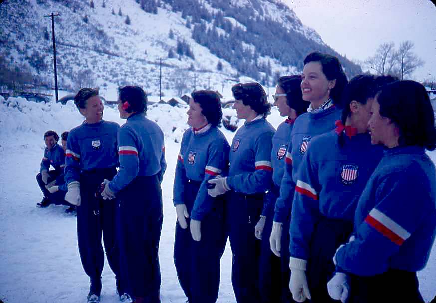 1950 Womens FIS Team. Smiling Andrea Mead Lawrence. Sixth Place 
here,but cover of Time Magazine two years later for winning the Gold at the 1952 Olympics.