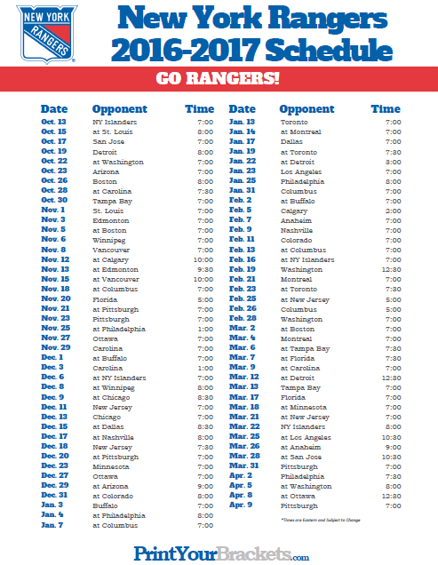 nhl ny rangers schedule